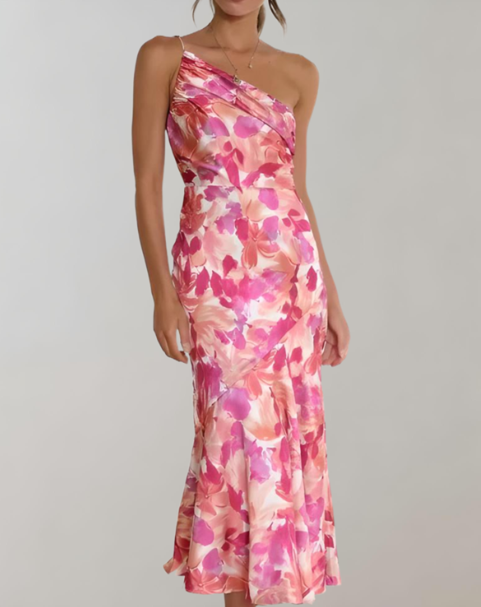 Belinda - smuk one-shoulder bodycon midikjole med blomstermønster