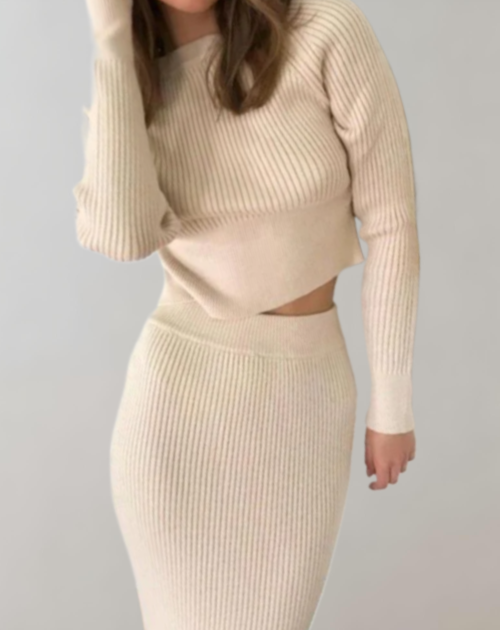 Anjie - Ribstrikket cropped sweater med matchende slim fit-nederdel 2-delt sæt