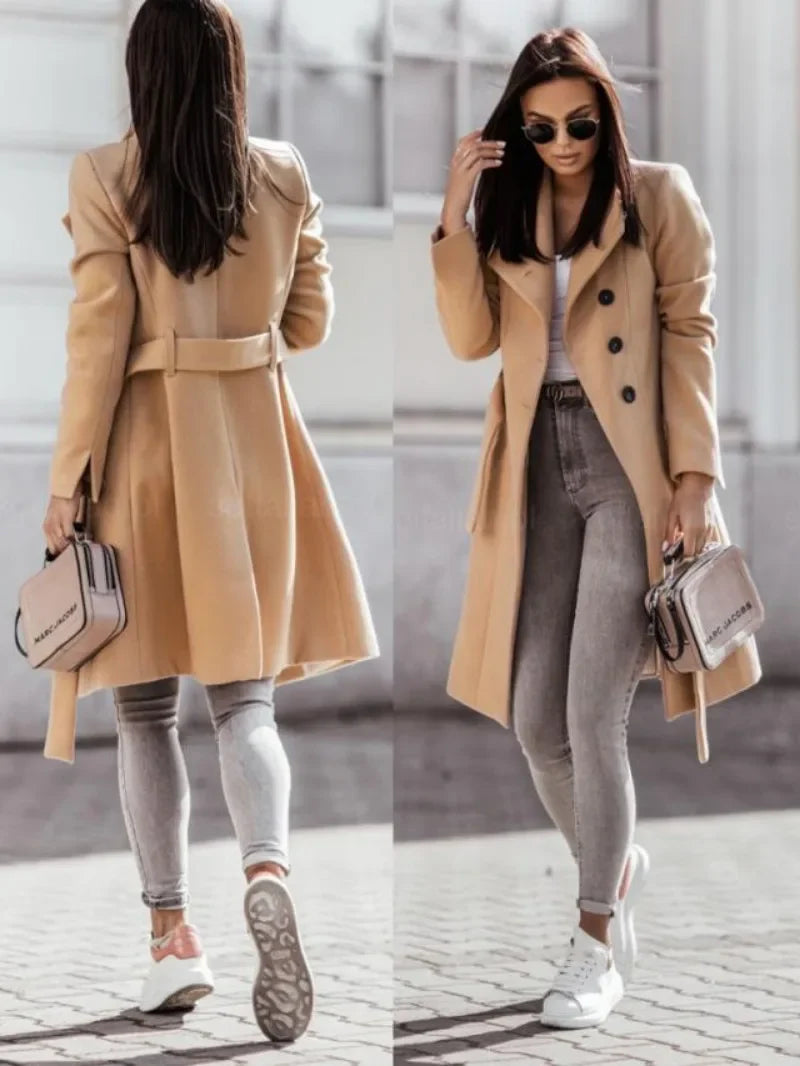 Chic trenchcoat kvinder, dobbelt knyttede, slim fit damefrakke